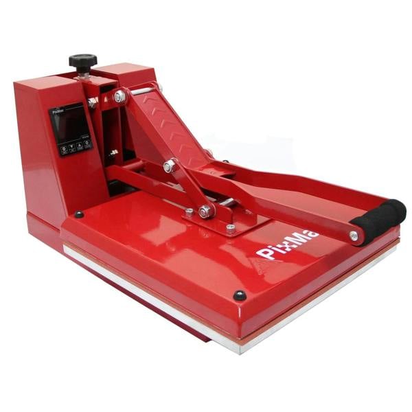 Red 38cm clam press with a sturdy base, adjustable pressure handle, and digital control panel for precise heat transfer applications