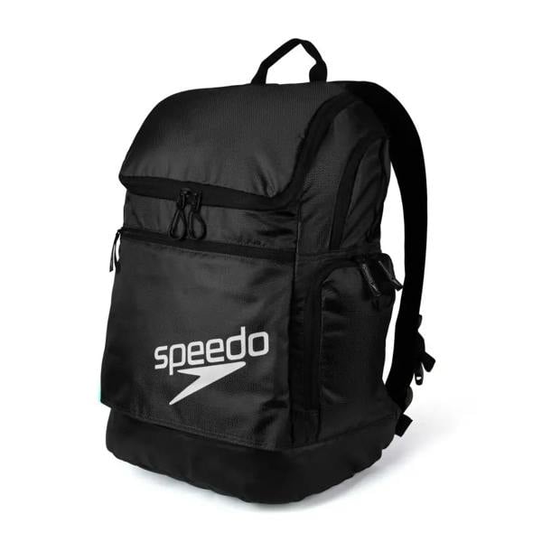 Black Speedo Teamster rucksack 35L backpack with white logo and zipper details