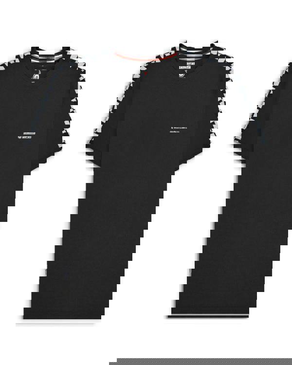 Lambretta Mens Two Tone Taped Casual Mod Ska Casual T-Shirts, black t-shirt with checkered tape detail on shoulders and small Lambretta logo on chest.