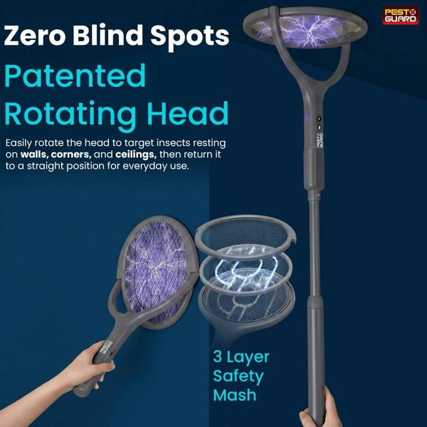 Electric Bug Zapper Telescopic Fly Swatter Racket - USB Type C Rechargeable with Rotatable Head For Mosquito & Flying Insect Control