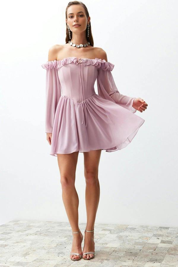 WOVCOR A-Line Ruffle Chiffon Evening Dress