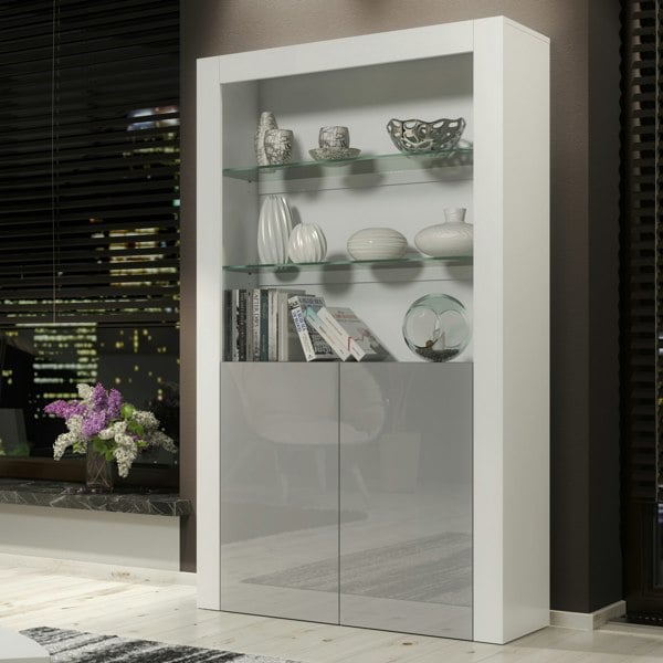 Mex Furniture Tall Display Cabinet 170cm White Matt Body and Grey Gloss Doors – Modern Open Shelving Unit