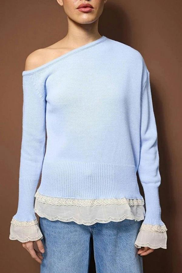 WOVCOR Lace Trimmed Boat Neck Knit Sweater