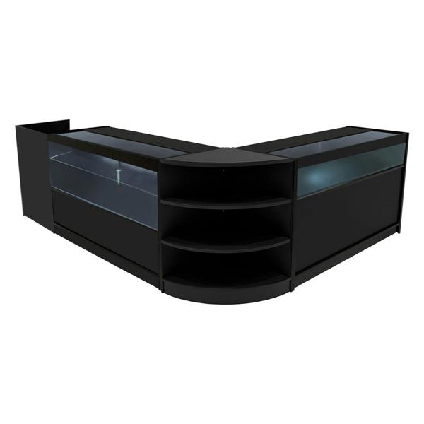 Black Europa LED Shop Counter Set featuring sleek glass displays, curved edges, and ample storage shelves for retail environments