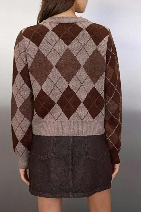 WOVCOR Crew Neck Argyle Pattern Knit Cardigan