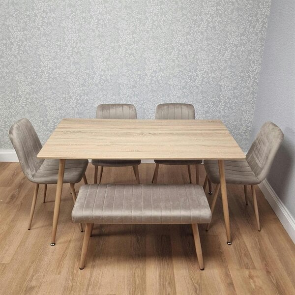 KOSY KOALA 6 Seater Modern Dining Table 140cm with Wood Effect Metal Leg and 4 Beige Chairs and Bench for Kitchen & Dining Room Furniture Set