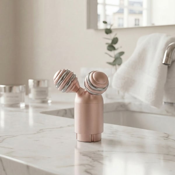 Close-up of the Innocera Platinum Jawline Sculpting Head with two rounded metal treatment nodes, displayed on a marble bathroom counter.