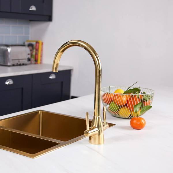 Flode Drammen | Dual Lever Kitchen Mixer | Polished Brass Finish