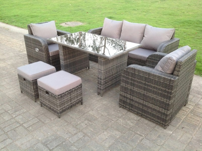 Fimous PE Rattan Garden Furniture Set Adjustable Chair Lounge 3 Seater Sofa Oblong Rectangular Dining Black Glass Table 2 Stools