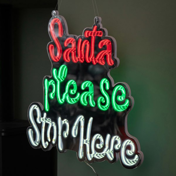 Samuel Alexander 40cm Light up Hanging Santa Stop Here Christmas Infinity Mirror Light with Multi-Coloured LEDs