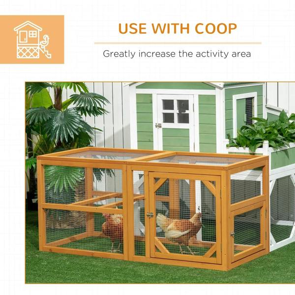Wooden chicken coop run with wire mesh walls and side door openings for chickens