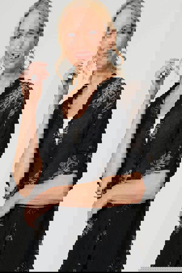 Black | Floral Semi Sheer Longline Tunic Shirt