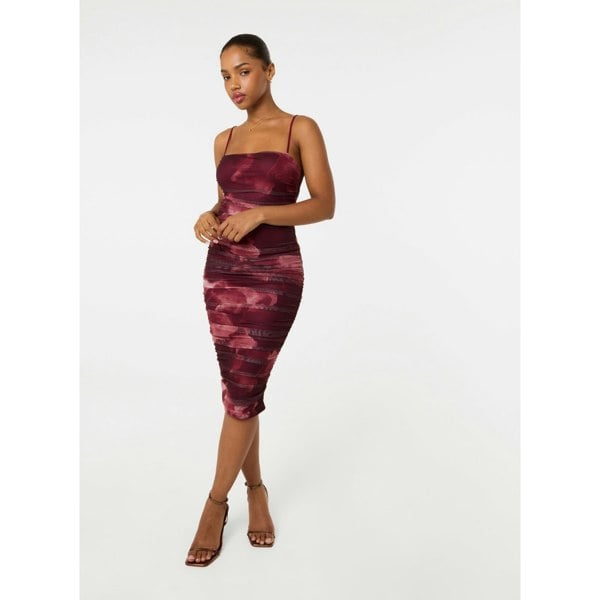 Pink Vanilla Smoke Print Ruched Midi Dress