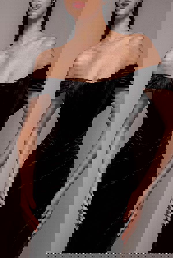 Draped Shoulder Velvet Corset Maxi Dress - Black DR4044