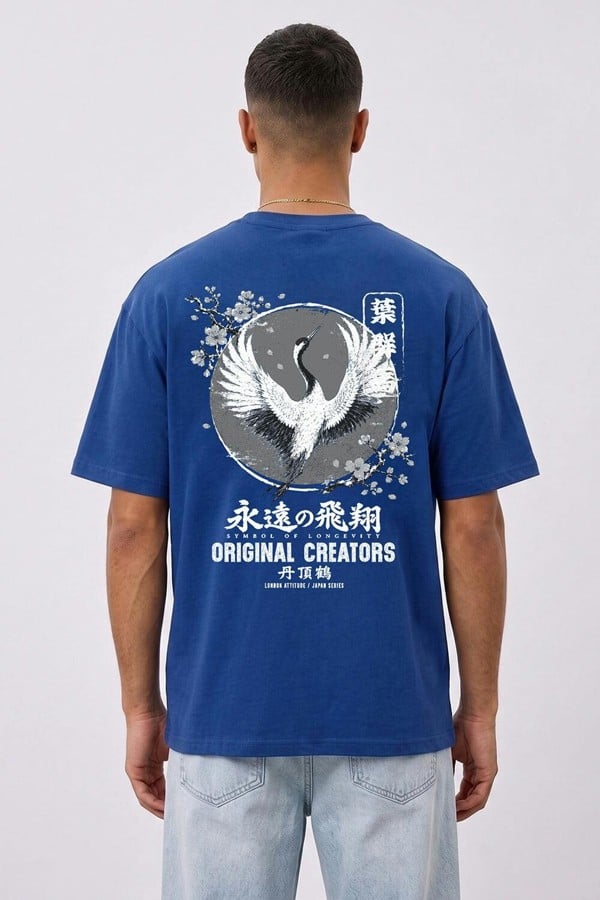 London Attitude Japanese Crane Oversized Heavyweight Back Print T-Shirt - Deep Royal Blue