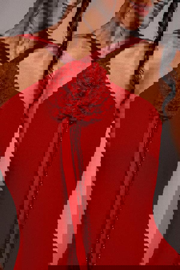 Racer Neck Corsage Scuba Maxi - Red DR4053