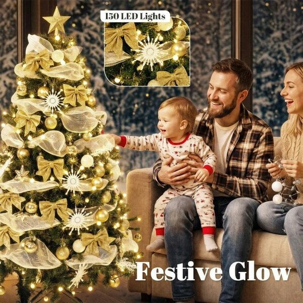 Bobobiy 5ft Pre-Lit Christmas Tree with 150 LED Lights, Artificial Xmas Tree with 8 Lighting Modes, 450 Tips, Remote, Green