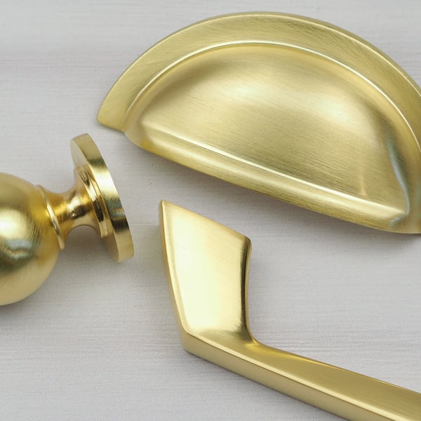 Handle & Home Brushed Brass Coordinating Tapered Handle, Cup Handle, and Coordinating Knob