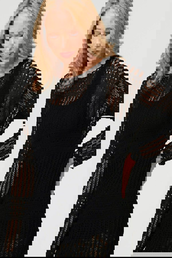 Black | Semi Sheer Mesh Layered Long Sleeve Top
