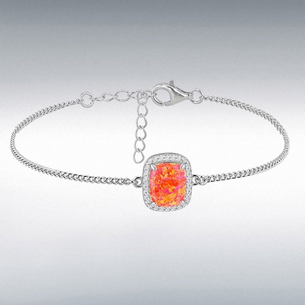 T. H. Baker Silver Rectangle Synthetic Orange Opal & White Cubic Zirconia Halo Bracelet 8.20.0310