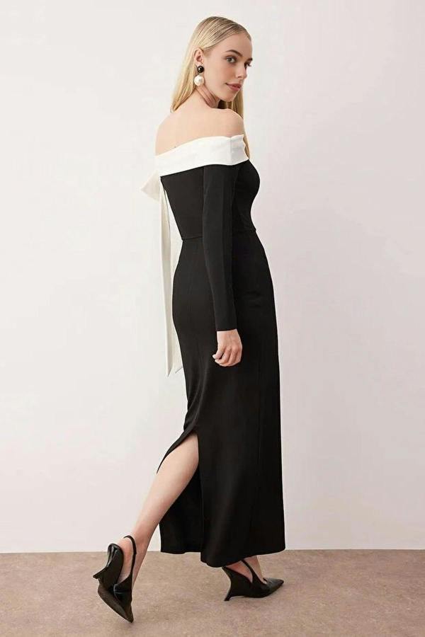 WOVCOR Color-Block Knit Crepe Maxi Unlined Evening Dress with Bow Detail