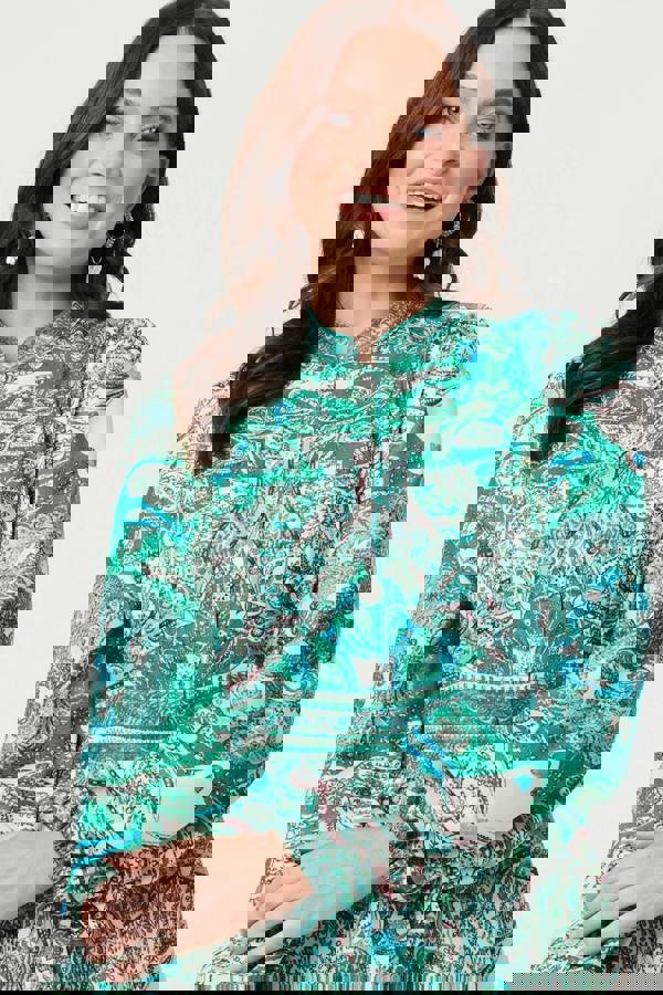 Green | Printed Long Sleeve Tie Midi Dress