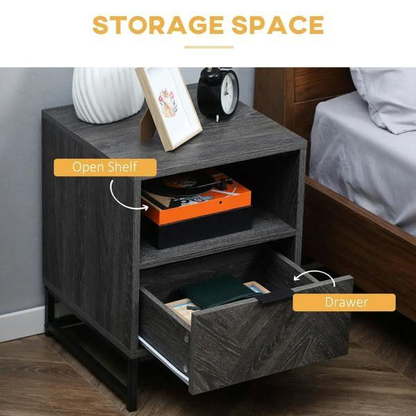 Dark grey end table with open shelf and drawer storage, steel legs.
