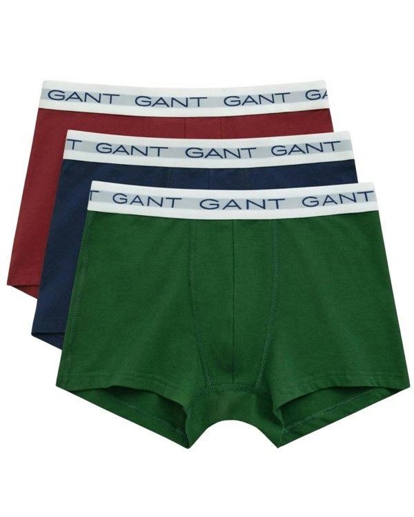 GANT 3-Pack White Waistband Boxer Trunks, Navy/Green/Burgundy