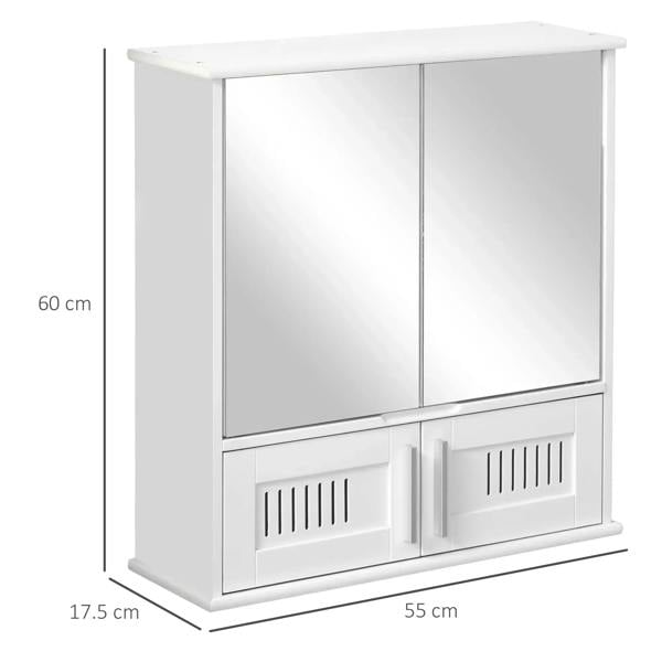 White bathroom mirror cabinet with double doors and vented storage panels; front view with size marks