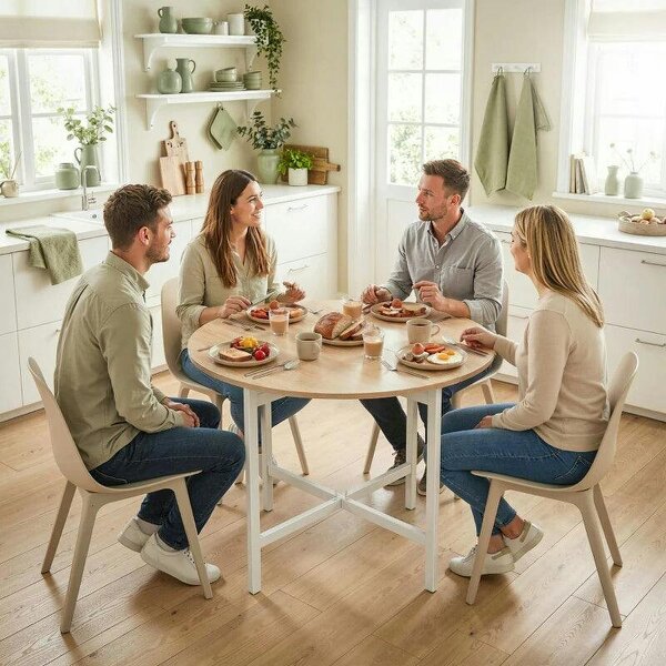 Folding Dining Table, Drop Leaf Extendable Kitchen Table for Small Spaces, Steel Frame, Natural Wood Finish