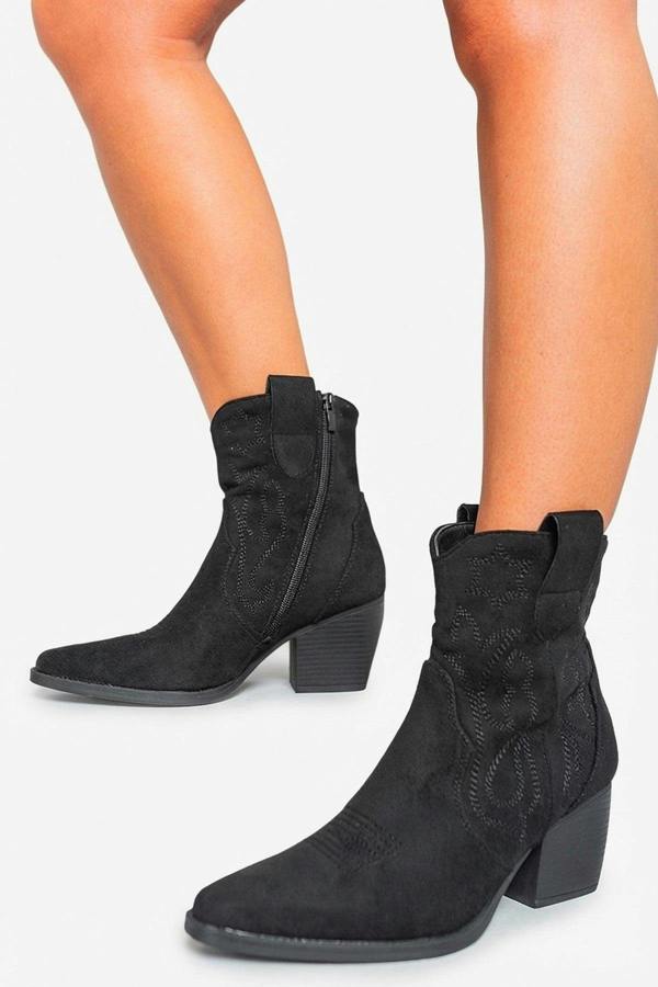 Laura Suede Cowboy Ankle Length Boots - Black_wb