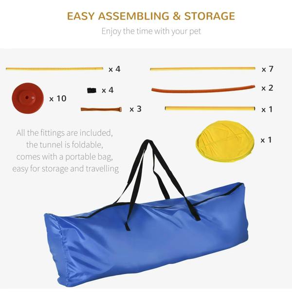 Agility obstacle set parts with folded blue storage bag and yellow tunnel piece