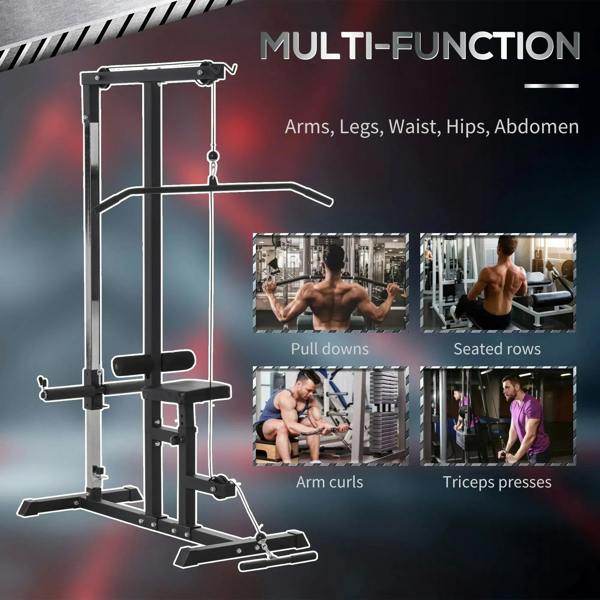 Exercise pulley power tower machine with multi-cable arms and adjustable seat