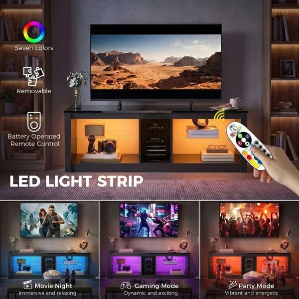 TV Stand Cabinet with LED Lights and Remote Control for TVs up to 65", Entertainment Centre with Storage Shelves, Black