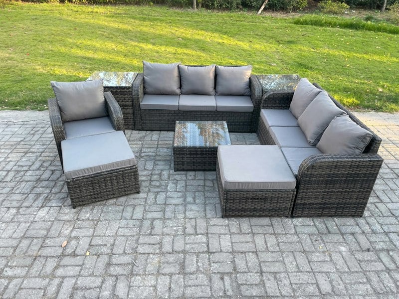 Fimous 9 Seater Dark Grey Mixed Rattan Outdoor Sofa Set - Coffee Table, Reclining Chair, 2 Big Footstools & 2 Side Tables