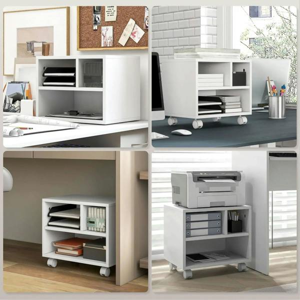 White printer cabinet with open cubbies and internal shelves on caster wheels