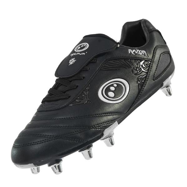 All-black Optimum Razor rugby boot with screw-in studs, side view on white background - Optimum