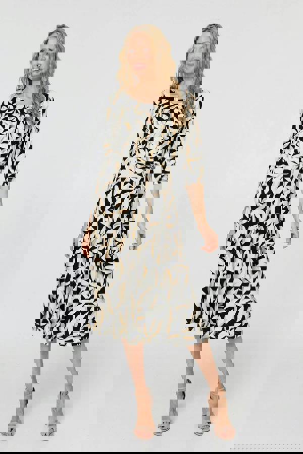 Black | Leaf Print 3/4 Sleeve Midi Tie Dress