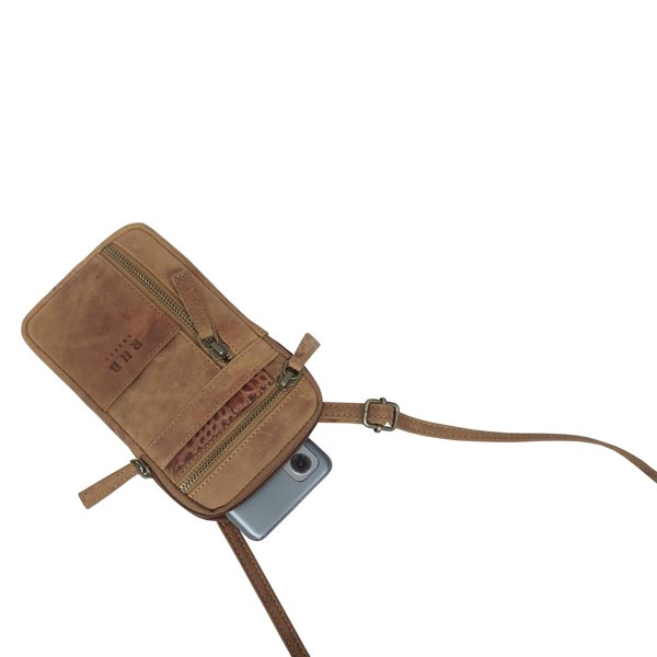 Real Hide Bags 'BROOKE' Tan Distressed Real Leather Mobile Phone Crossbody Bag