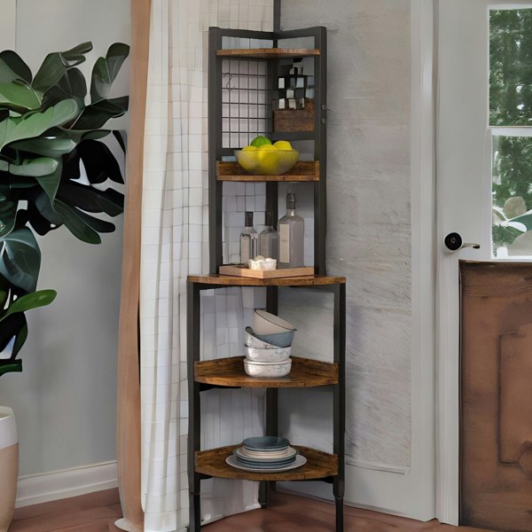 Rafaelo Mobilia Industrial Free-Standing 5 Tier Corner Shelf Rustic Brown