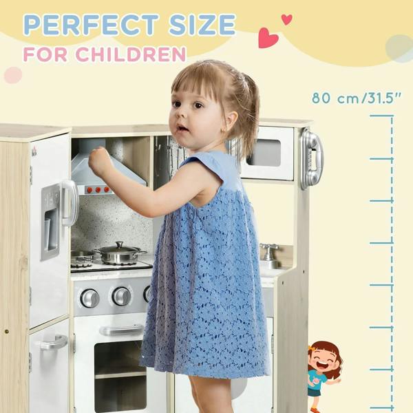 Kids kitchen playset with sink, stovetop, and control knobs with child standing at counter