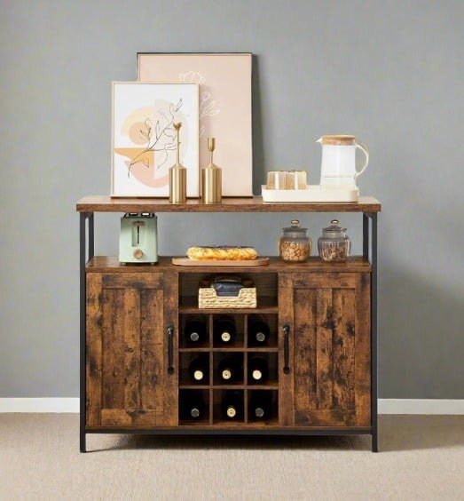Modcraft Rustic Sideboard Buffet Table with Wine Rack – Storage Cabinet for Kitchen or Dining Room