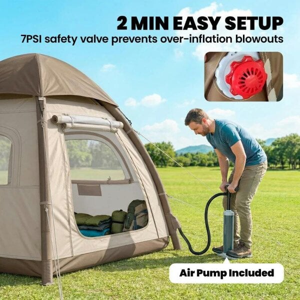 Inflatable Camping Tent with Rainfly, 2-3 Man Air Tent 3000mm Waterproof Blow Up Tents, Cream