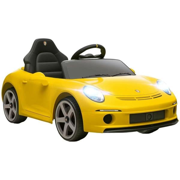 Yellow kids electric ride-on car with black seats, front headlights and steel wheels