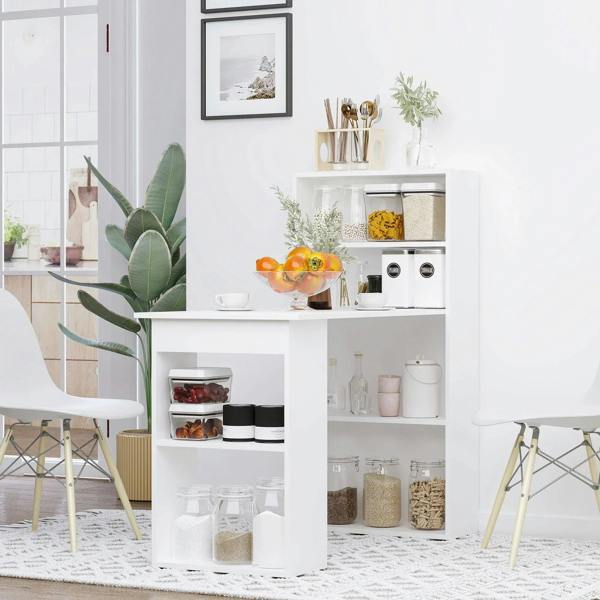 White storage hutch desk with open cubbies for jars and accessories