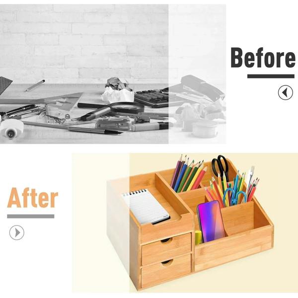 Bamboo desk organizer caddy holding colorful pens with two front drawers