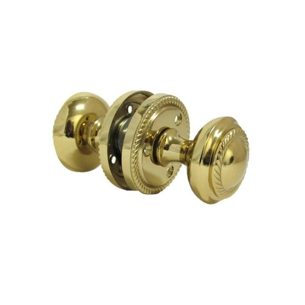EDH Door Hardware Brass Plated Round Door Knob Set Including Tubular Latch - Georgian Style Sprung Internal & External Door Knobs