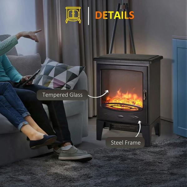 Black electric fireplace with tempered glass front and steel frame detail