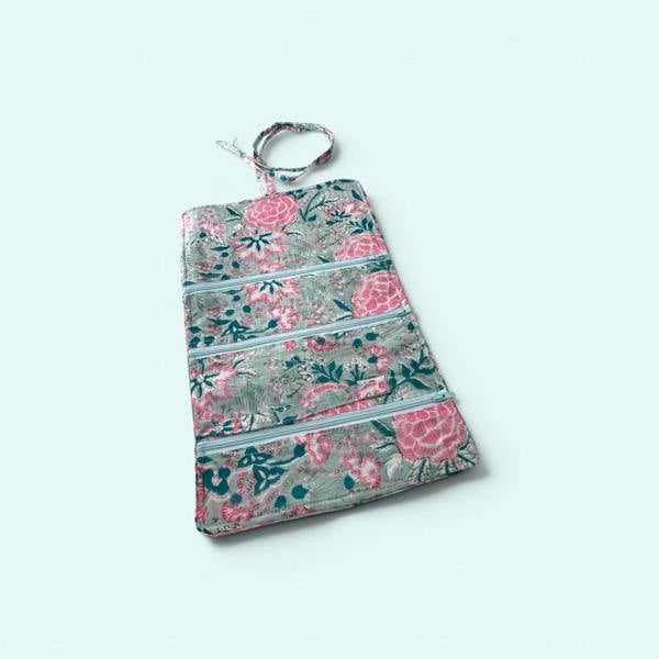 Hayley & Co Cotton Jewellery Roll - Ditsy Duck Egg Blue and Pink Floral