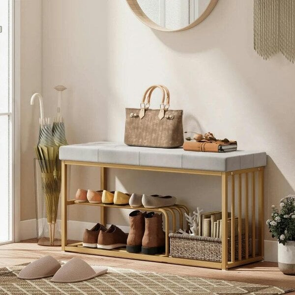 Bench and Shoe Storage, Tufted Shoe Storage Bench with Velvet Seat Cushion Gold Steel Frame for Entryway, Grey - Grey